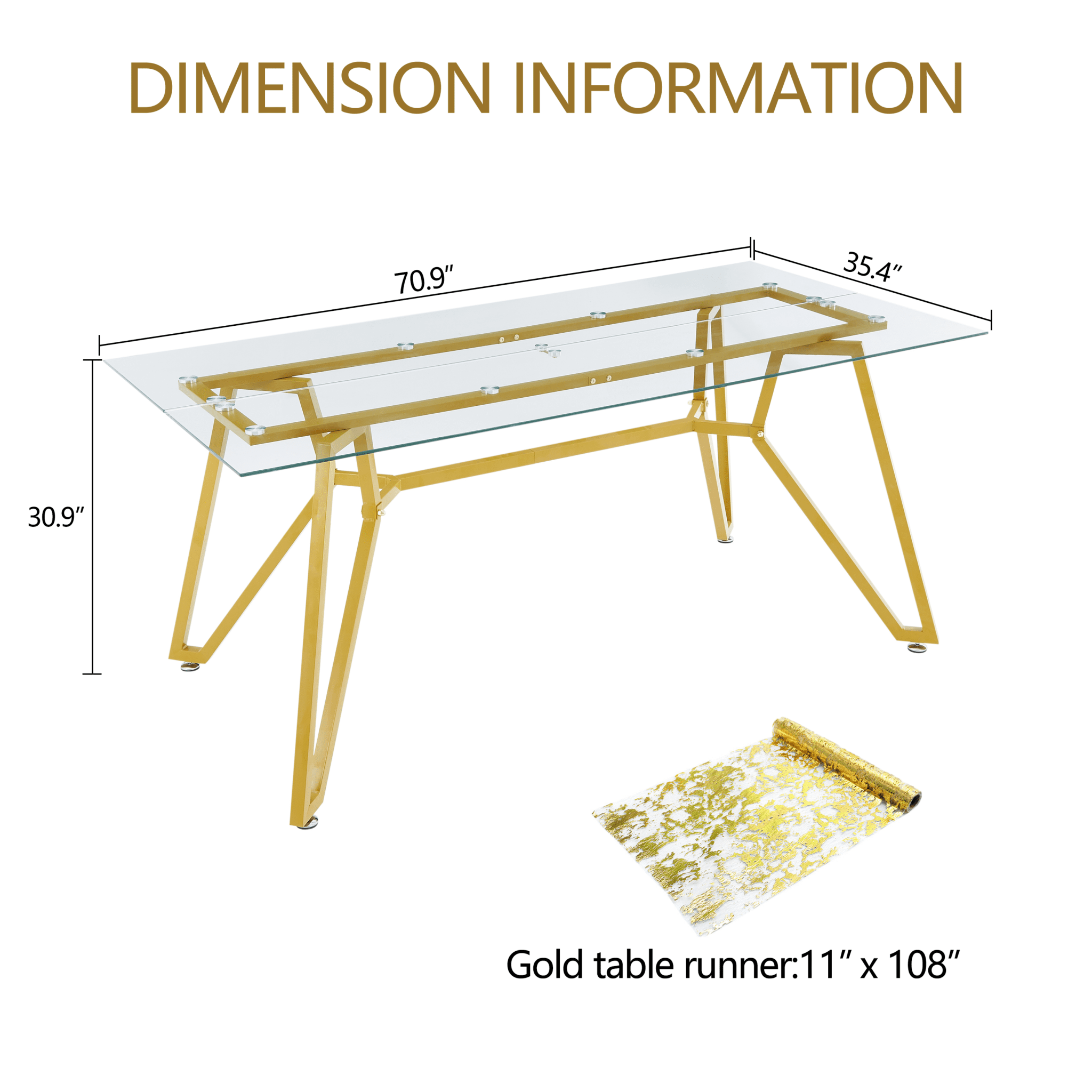 Rectangular glass dining table with gold finish from the Atelier Collection by Anthony & Home, featuring sleek modern design.