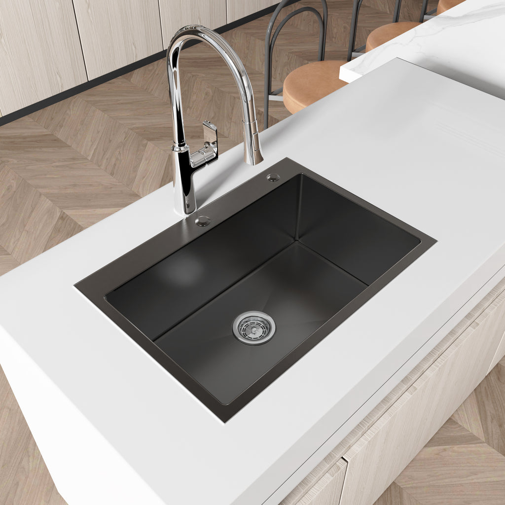 Handmade black stainless kitchen sink overmount by Anthony & Home, featuring a sleek, modern design with a smooth finish.