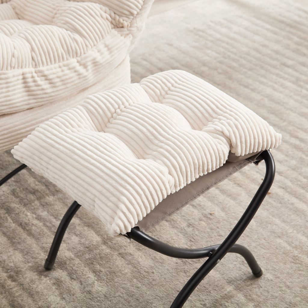 Ivory upholstered lounge chair with ottoman and side pocket, modern reading nook accent by Anthony & Home.