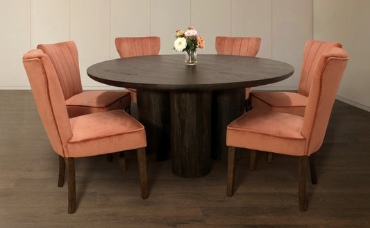 Seven Piece Dark Brown Round Solid Wood Dining Set with Six Chairs