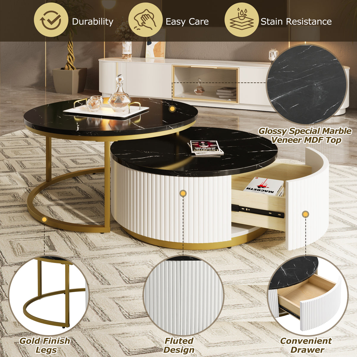 Anthony & Home Atelier brass nesting coffee tables with round tops and built-in drawers, featuring fluted design and elegant craftsmanship.