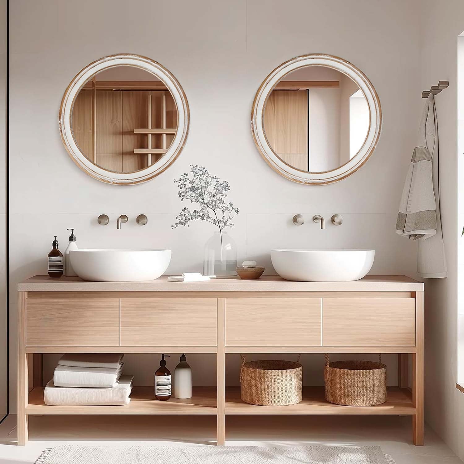 Round wall mirror with distressed wood frame by Anthony & Home, showcasing a rustic, vintage-style home decor accessory.