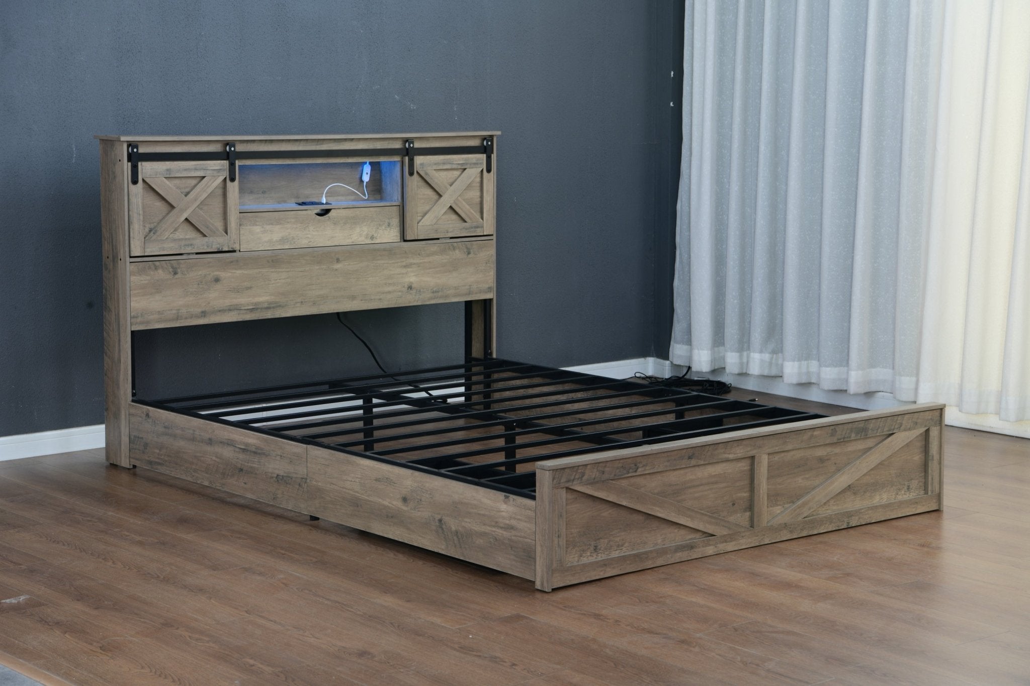 Grey rustic farmhouse queen bed frame by Anthony & Home with LED lighting, charging station, and storage drawers in a bedroom setting.