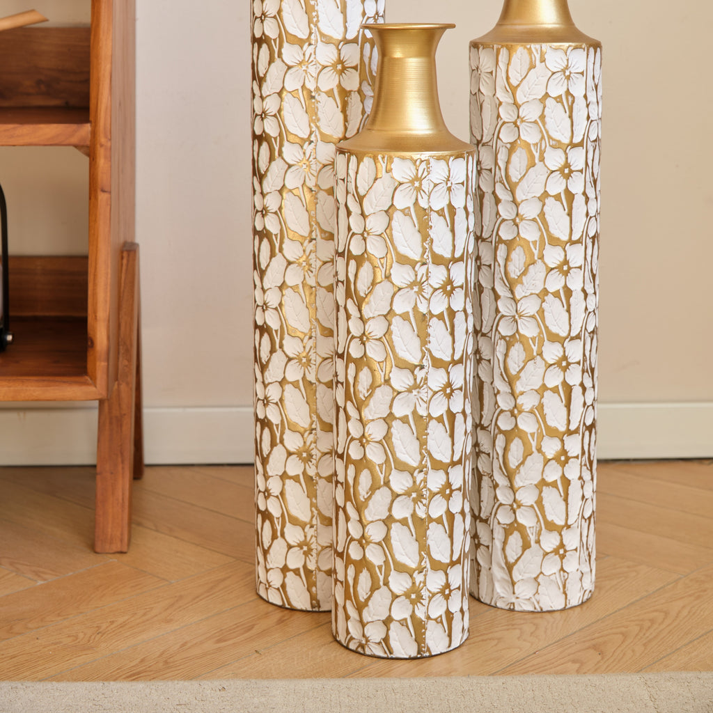 Heritage Collection floor vase trio by Anthony & Home, elegant ceramic vases with intricate patterns and varied heights.
