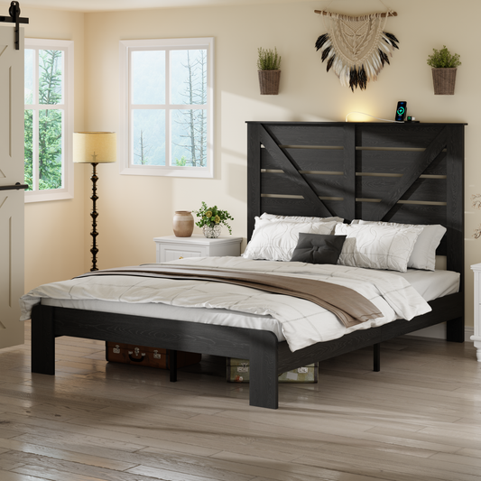 Full Bed Frame Black Wood And Metal Signature Luxe Collection With Noise Free Design And Easy Assembly