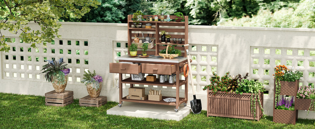 Anthony & Home outdoor potting bench with stainless steel top, featuring a sturdy wooden frame and ample workspace for gardening tasks.