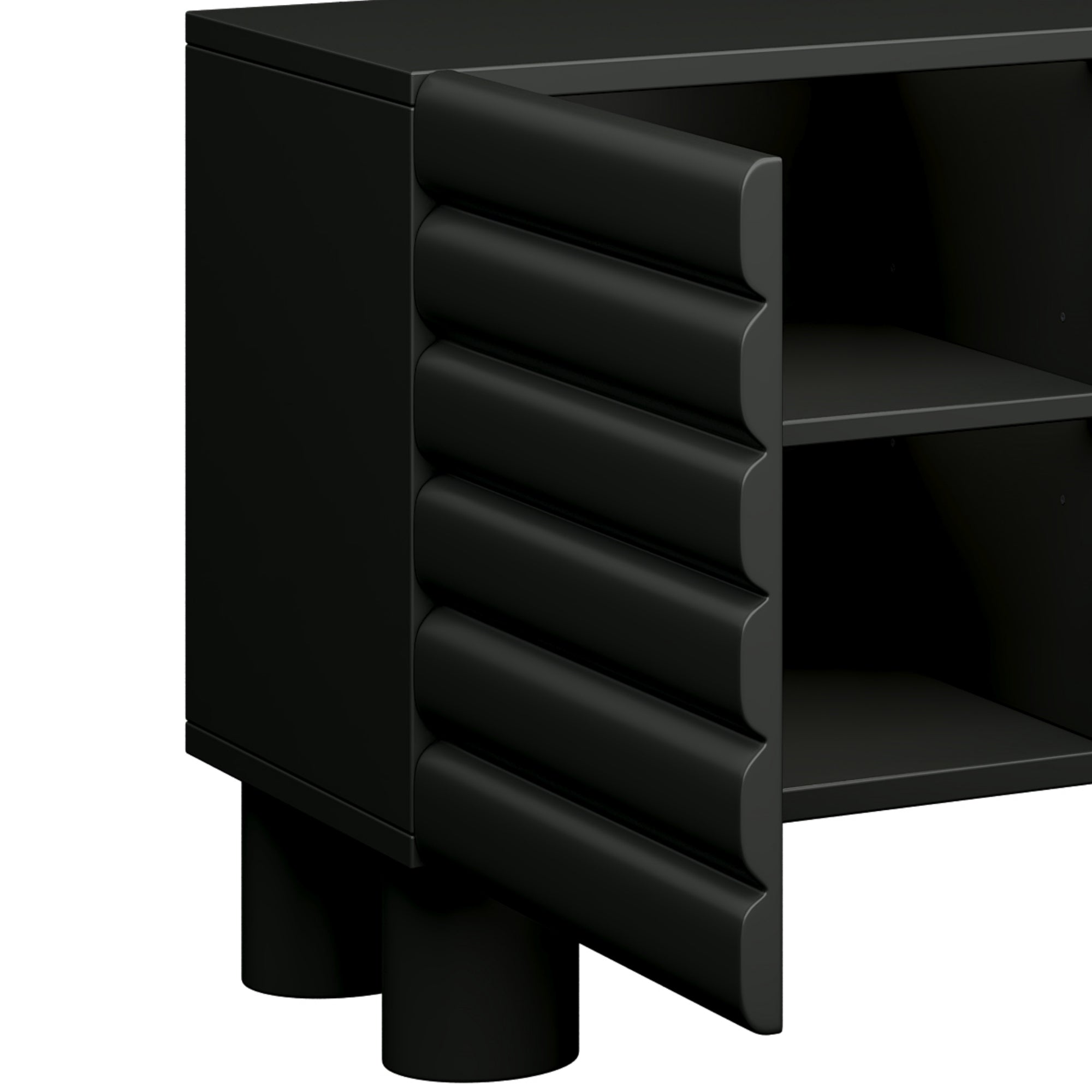 Anthony & Home matte black MDF media console with cylindrical legs, designed for TVs up to 75 inches, modern and sleek look