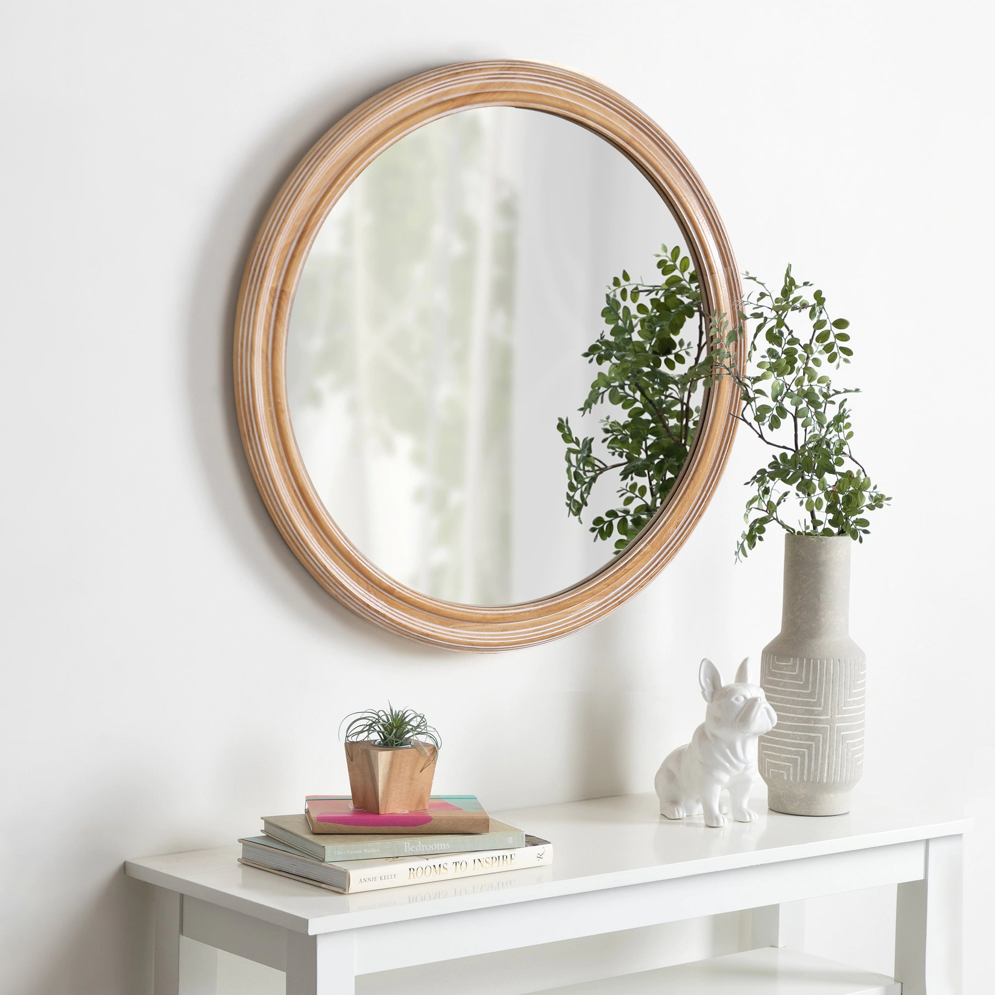 Antique whitewash wood and metal round wall mirror, 27.56 inches, from Anthony & Home Heritage Collection, featuring vintage style frame.