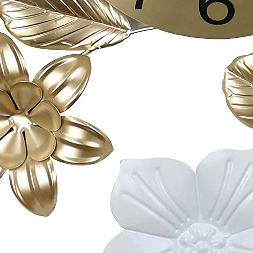 26" Gold White And Black Metal Silent Analog Floral Wall Clock