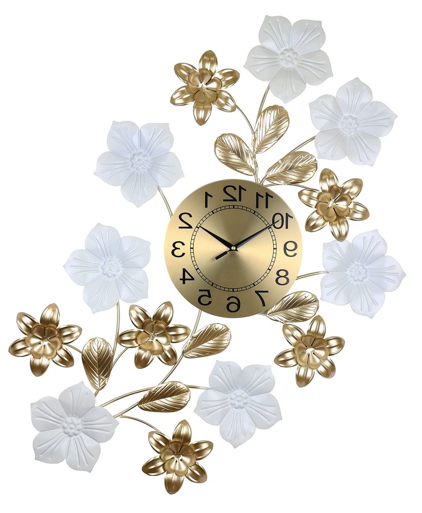 26" Gold White And Black Metal Silent Analog Floral Wall Clock