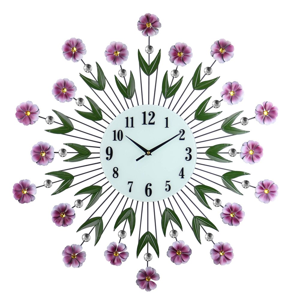 27" Purple Green And White Metal and Glass Silent Analog Floral Round Wall Clock