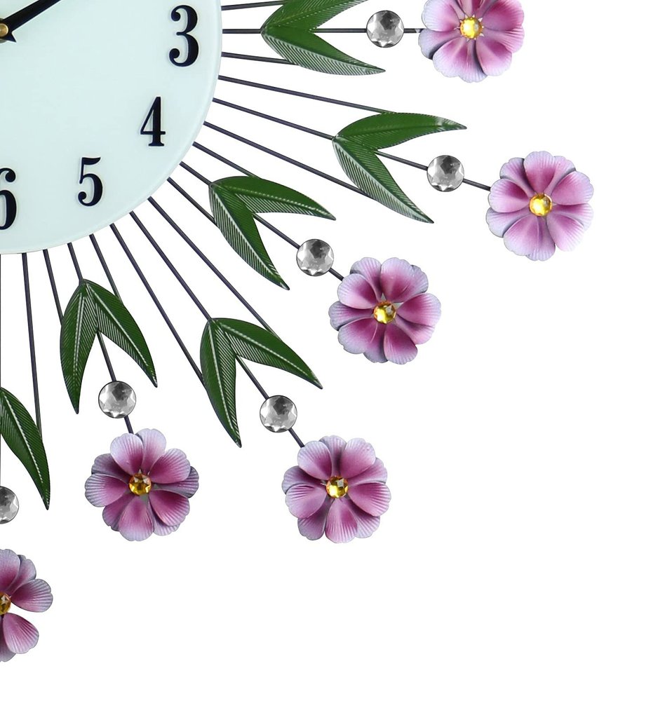 27" Purple Green And White Metal and Glass Silent Analog Floral Round Wall Clock