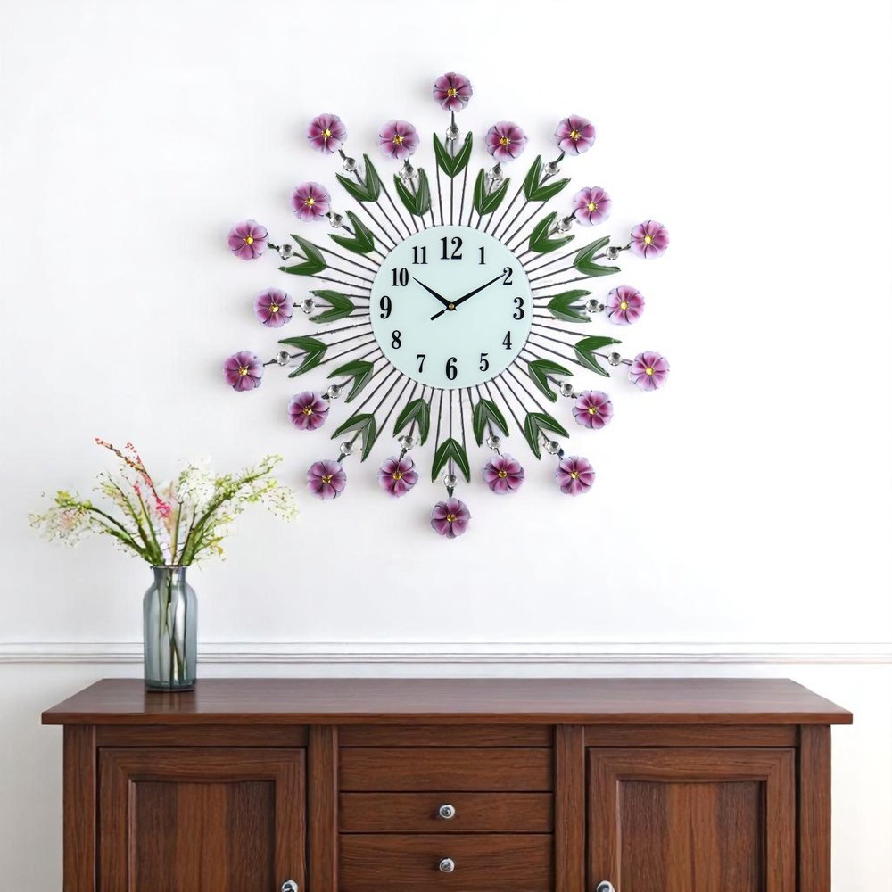 27" Purple Green And White Metal and Glass Silent Analog Floral Round Wall Clock