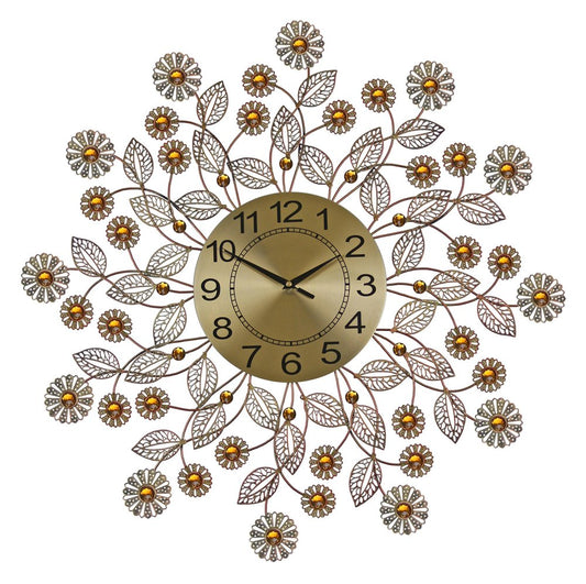 27" Gold And Black Metal And Faux Crystal Silent Analog FloralWall Clock