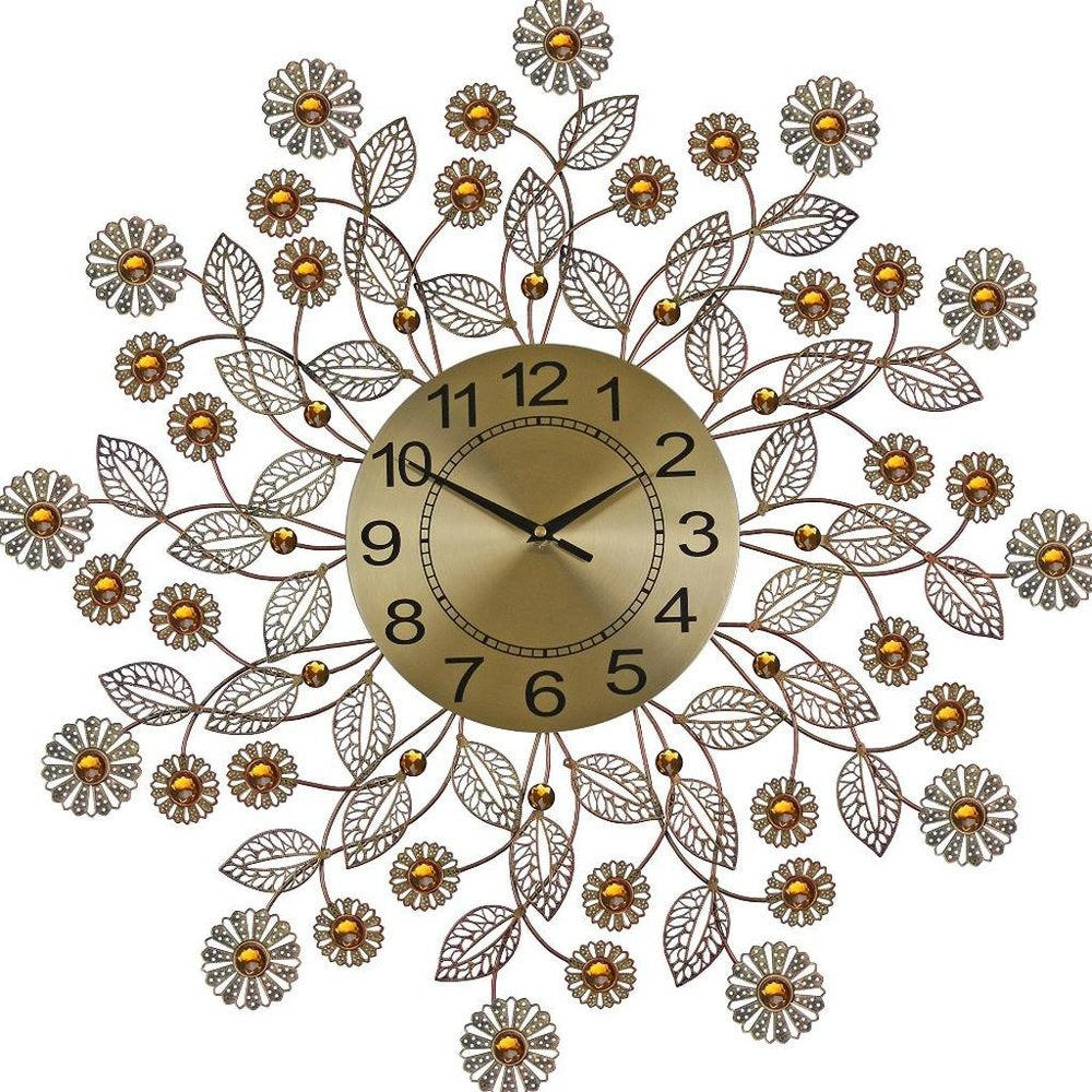 27" Gold And Black Metal And Faux Crystal Silent Analog FloralWall Clock