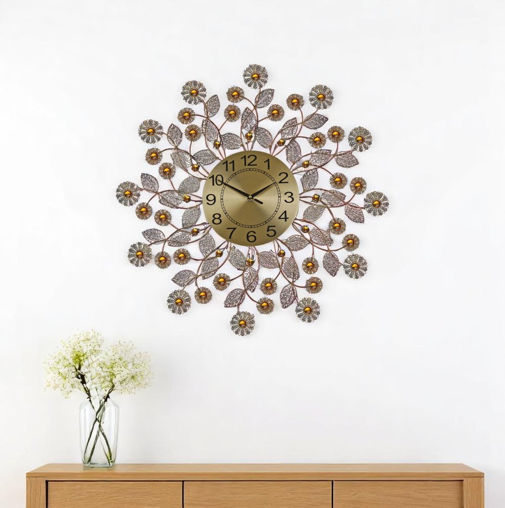 27" Gold And Black Metal And Faux Crystal Silent Analog FloralWall Clock