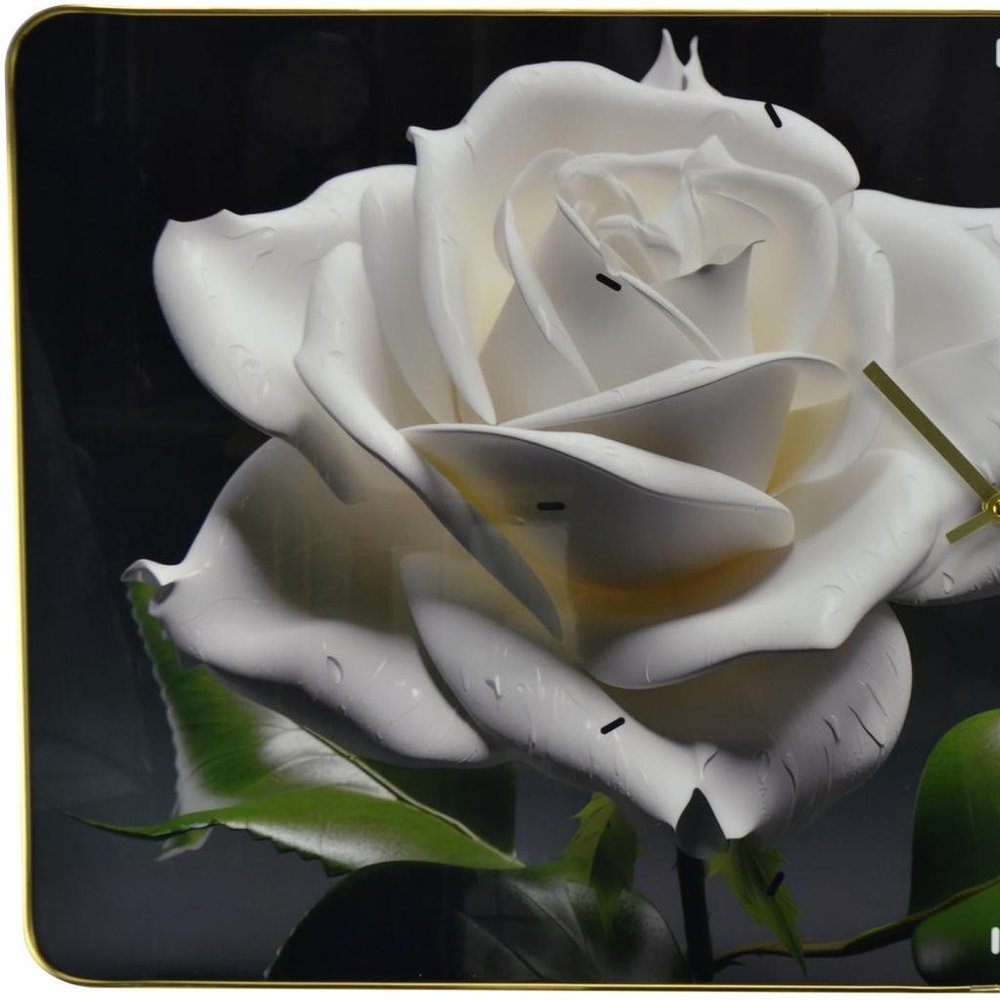 24" White Black And Green Solid Wood and Acrylic Silent Roses Floral Wall Clock