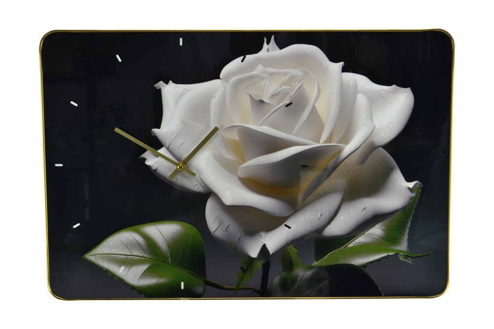 24" White Black And Green Solid Wood and Acrylic Silent Roses Floral Wall Clock
