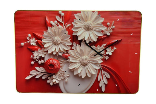 24" White Red And Black Solid Wood and Acrylic Silent Analog Floral Wall Clock - Anthony & Home