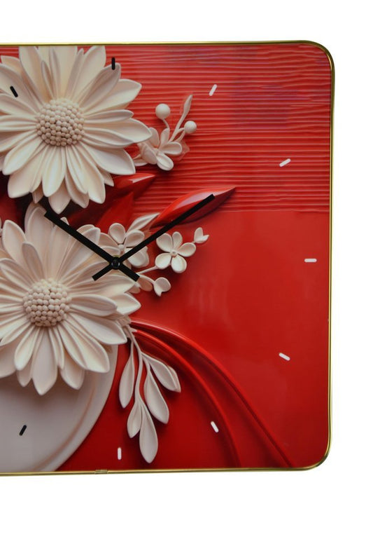 24" White Red And Black Solid Wood and Acrylic Silent Analog Floral Wall Clock - Anthony & Home