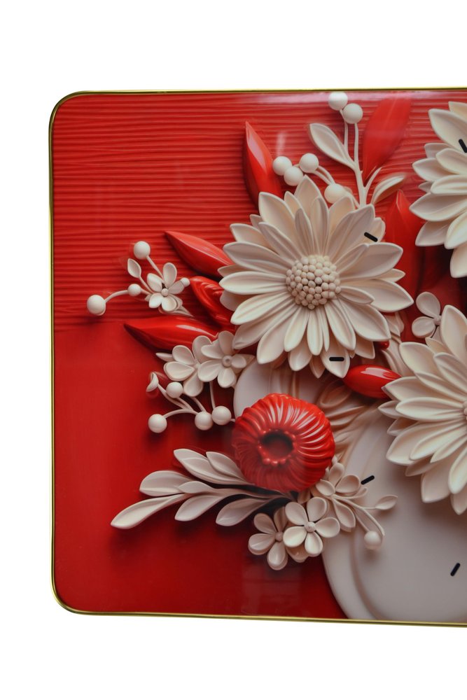 24" White Red And Black Solid Wood and Acrylic Silent Analog Floral Wall Clock