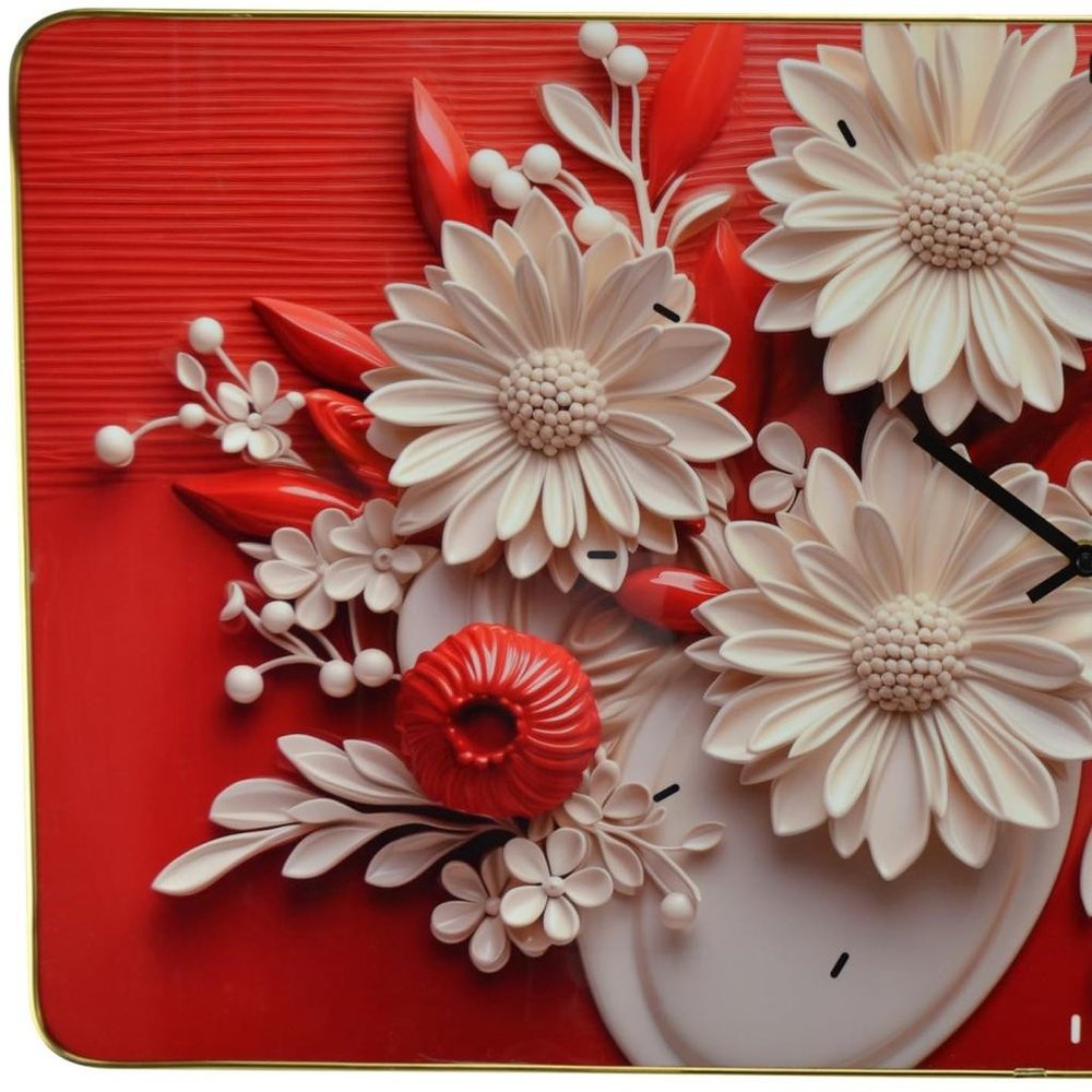 24" White Red And Black Solid Wood and Acrylic Silent Analog Floral Wall Clock