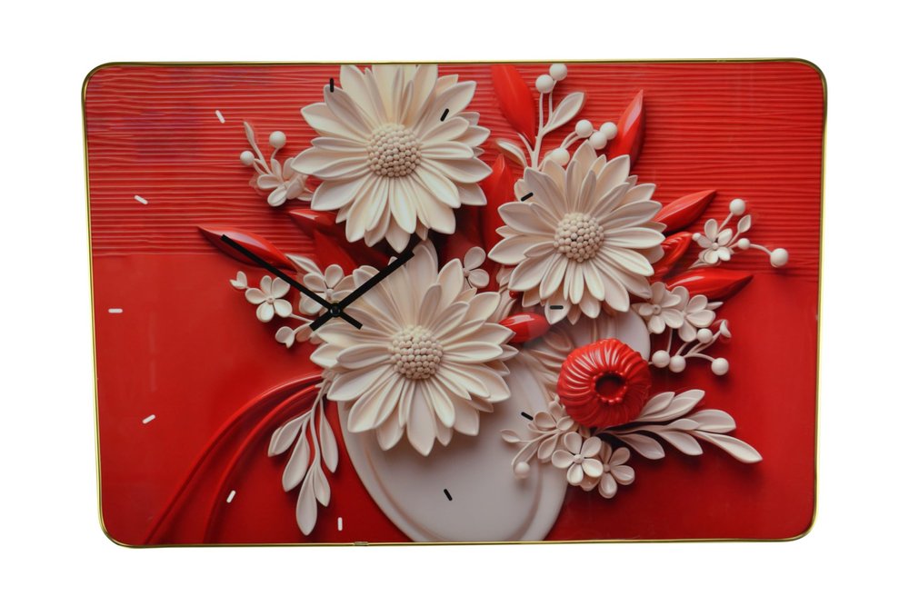 24" White Red And Black Solid Wood and Acrylic Silent Analog Floral Wall Clock