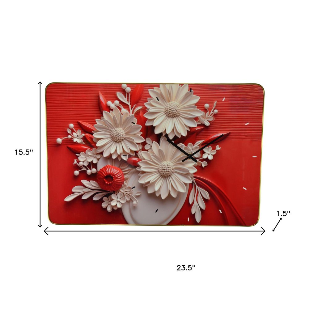 24" White Red And Black Solid Wood and Acrylic Silent Analog Floral Wall Clock