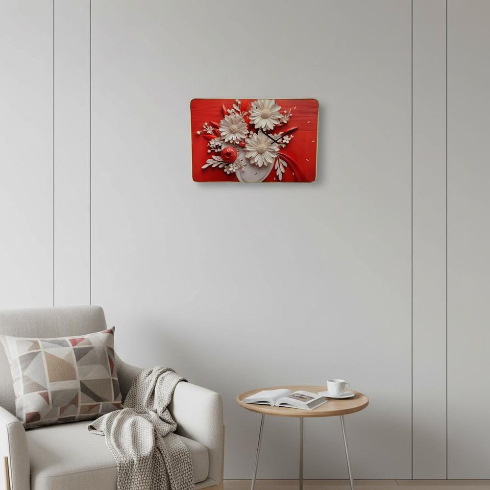 24" White Red And Black Solid Wood and Acrylic Silent Analog Floral Wall Clock