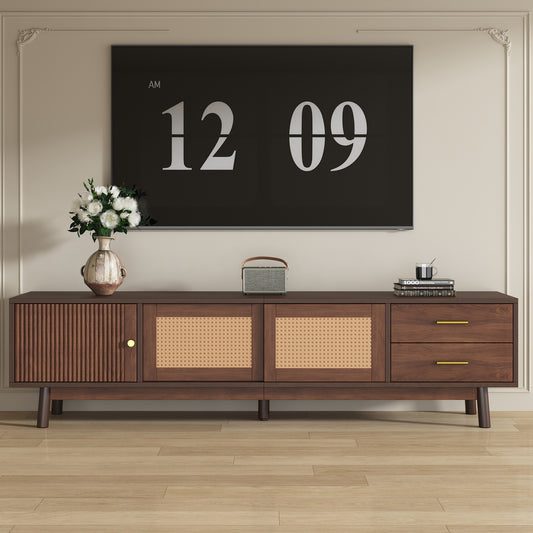 Mid Century Modern TV Stand For 70 To 79 Inch TVs Solid Wood And MDF Dark Brown Heritage Collection With Sliding Doors