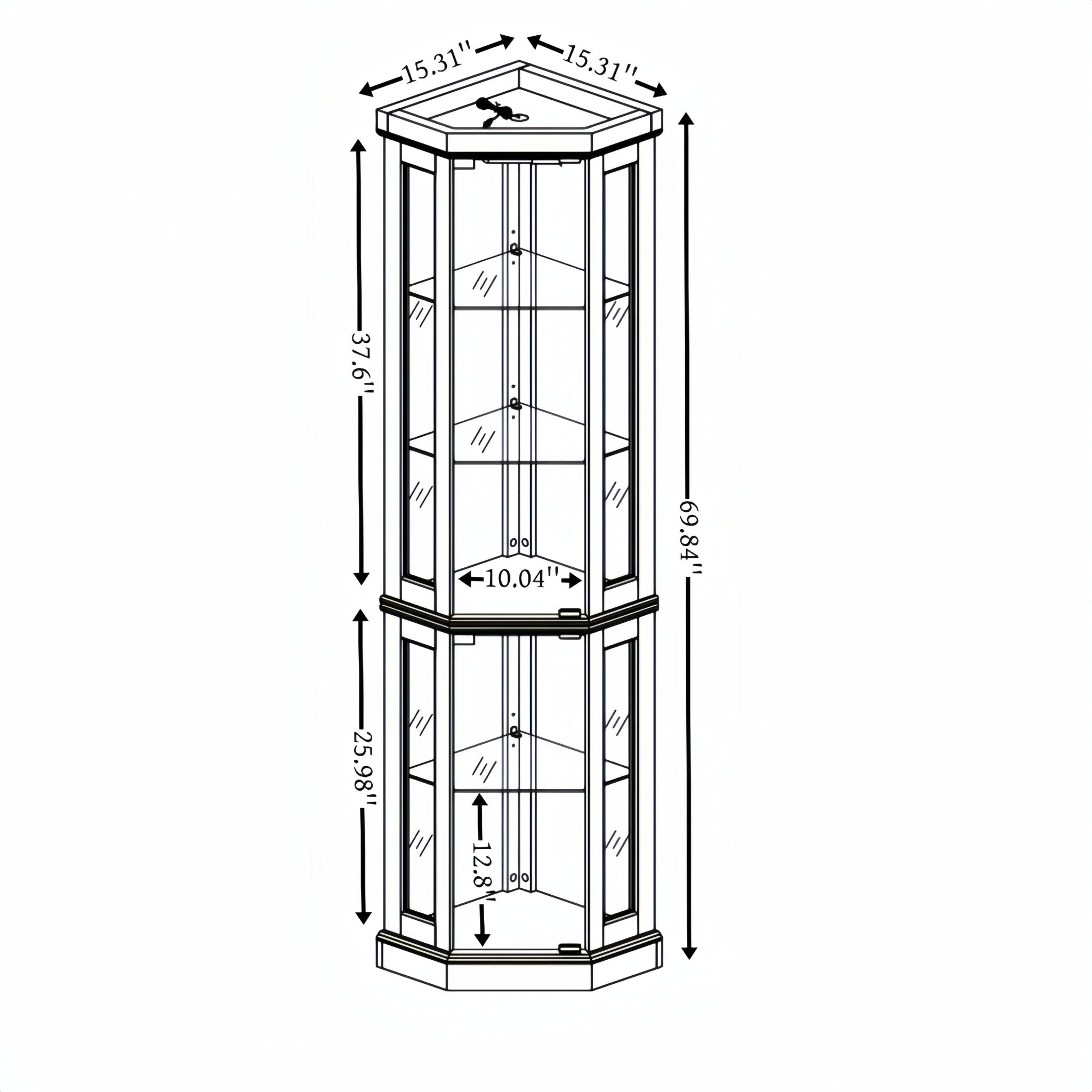 Dark cherry corner curio cabinet by Anthony & Home with glass doors and display shelves in a stylish corner design.