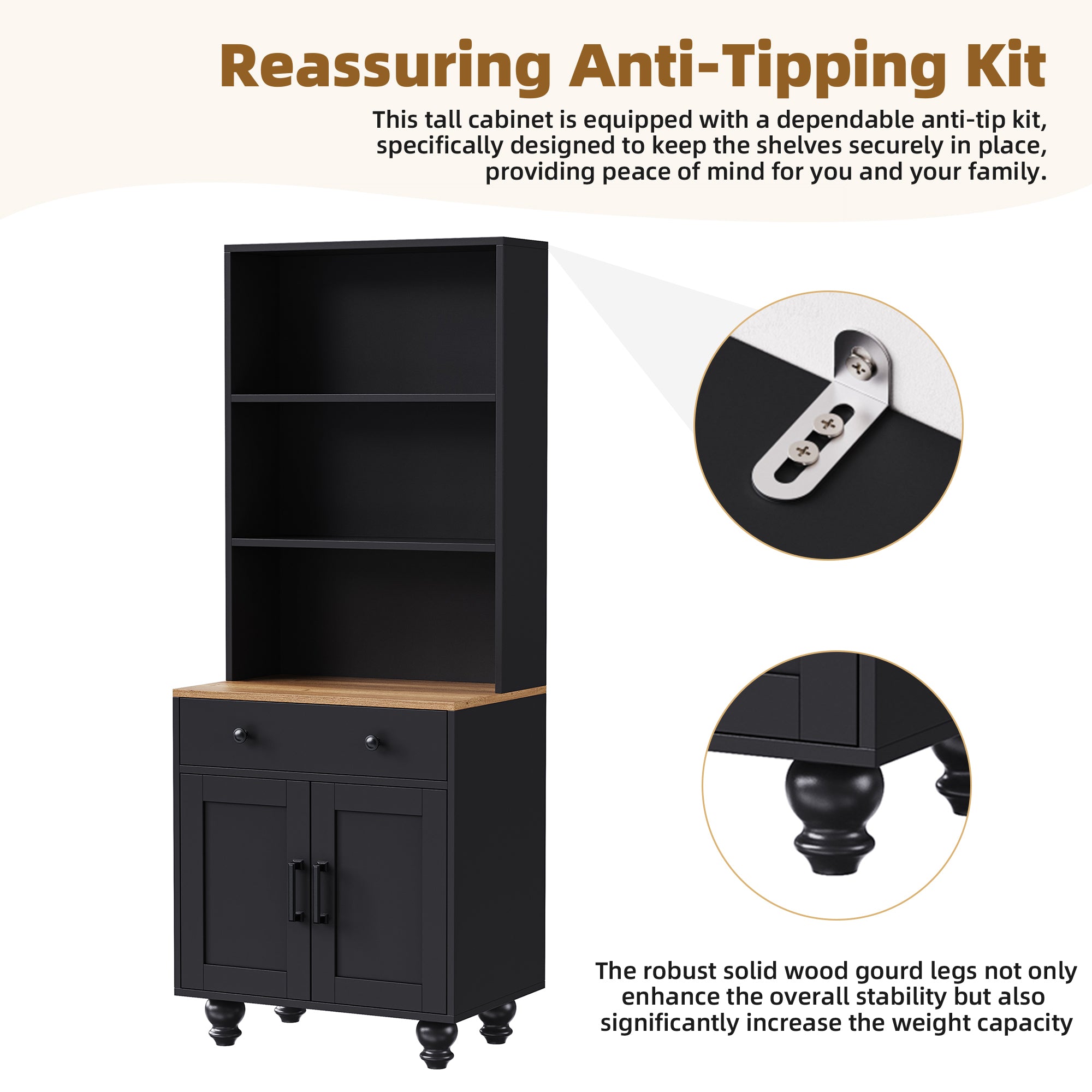 Black farmhouse storage cabinet with solid wood gourd-shaped legs from Anthony & Home's Studio Collection, featuring a stylish, modern design.