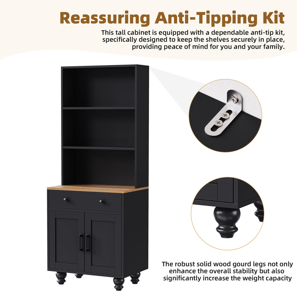 Black farmhouse storage cabinet with solid wood gourd-shaped legs from Anthony & Home's Studio Collection, featuring a stylish, modern design.