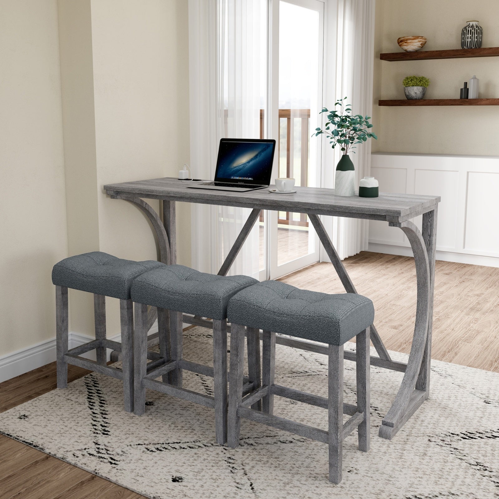 Gray Industrial Bar Table Set With Power Outlet And Chairs