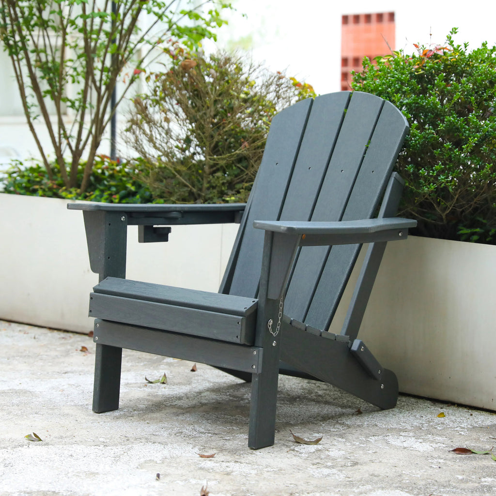 HDPE Folding Adirondack Chair With Dual Cup Holder Wood Texture Gray For Outdoor All Weather Coastal Edition
