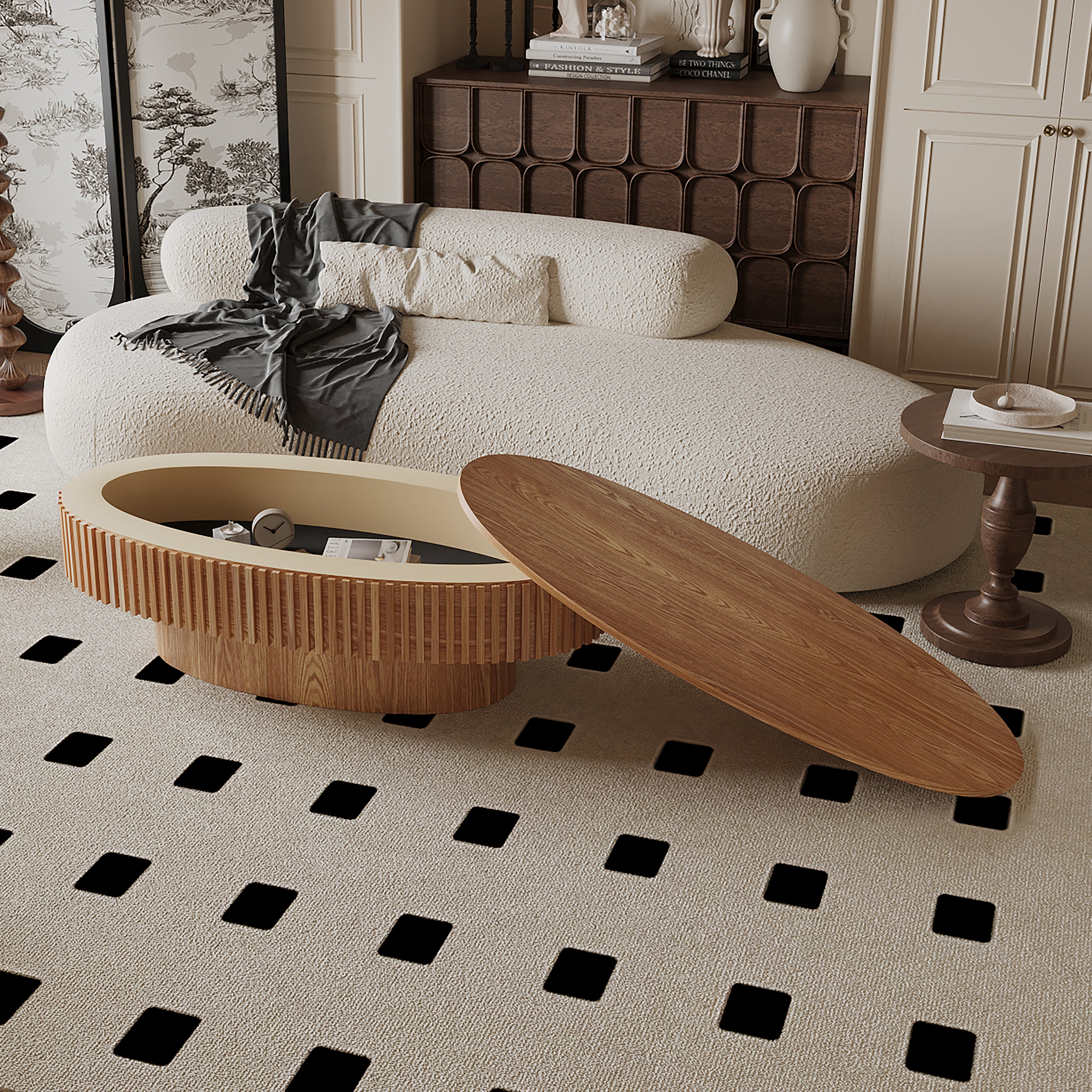 Oval coffee table with storage in solid wood veneer, Anthony & Home Atelier design, showcasing a sleek modern living room setup.