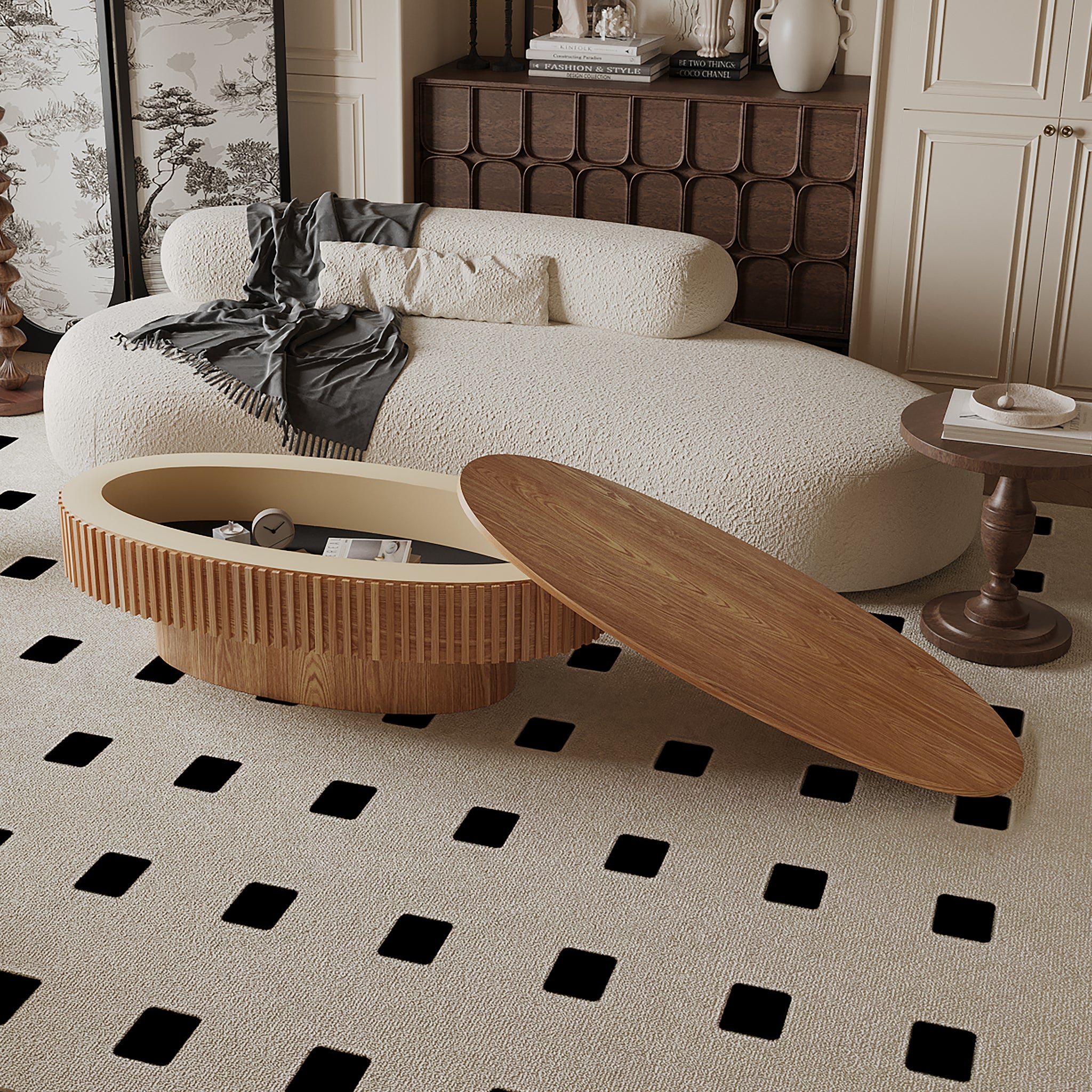 Oval coffee table with storage in solid wood veneer, Anthony & Home Atelier design, showcasing a sleek modern living room setup.