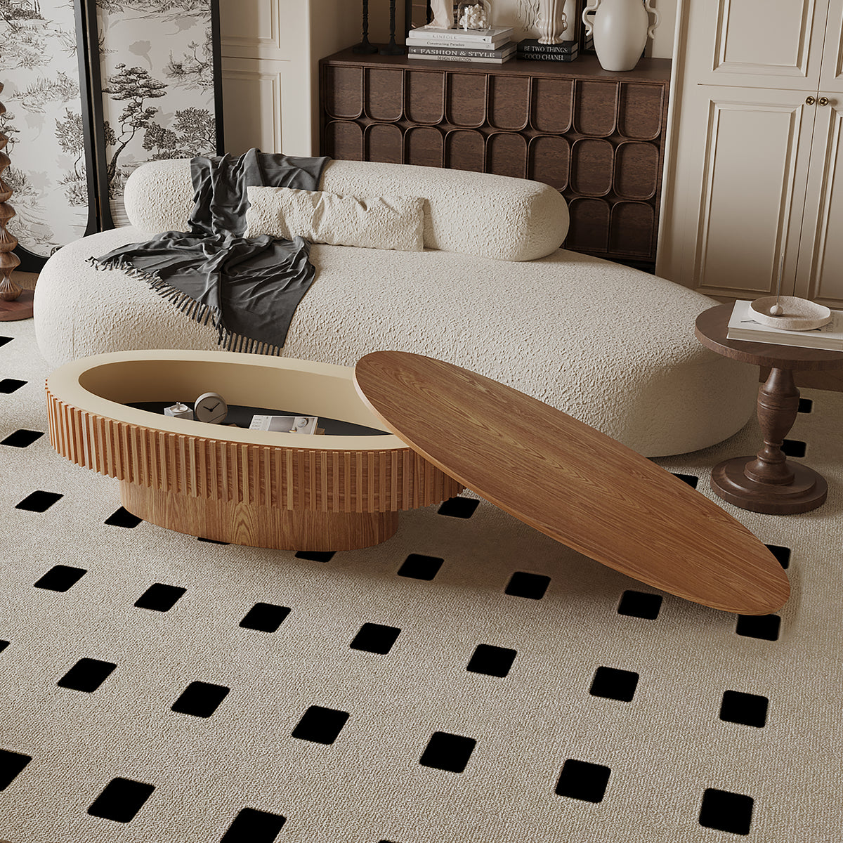 Oval coffee table with storage in solid wood veneer, Anthony & Home Atelier design, showcasing a sleek modern living room setup.