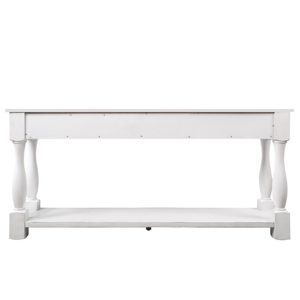 Antique white wood console table by Anthony & Home with 63-inch length, three drawers, bottom shelf, and easy assembly.