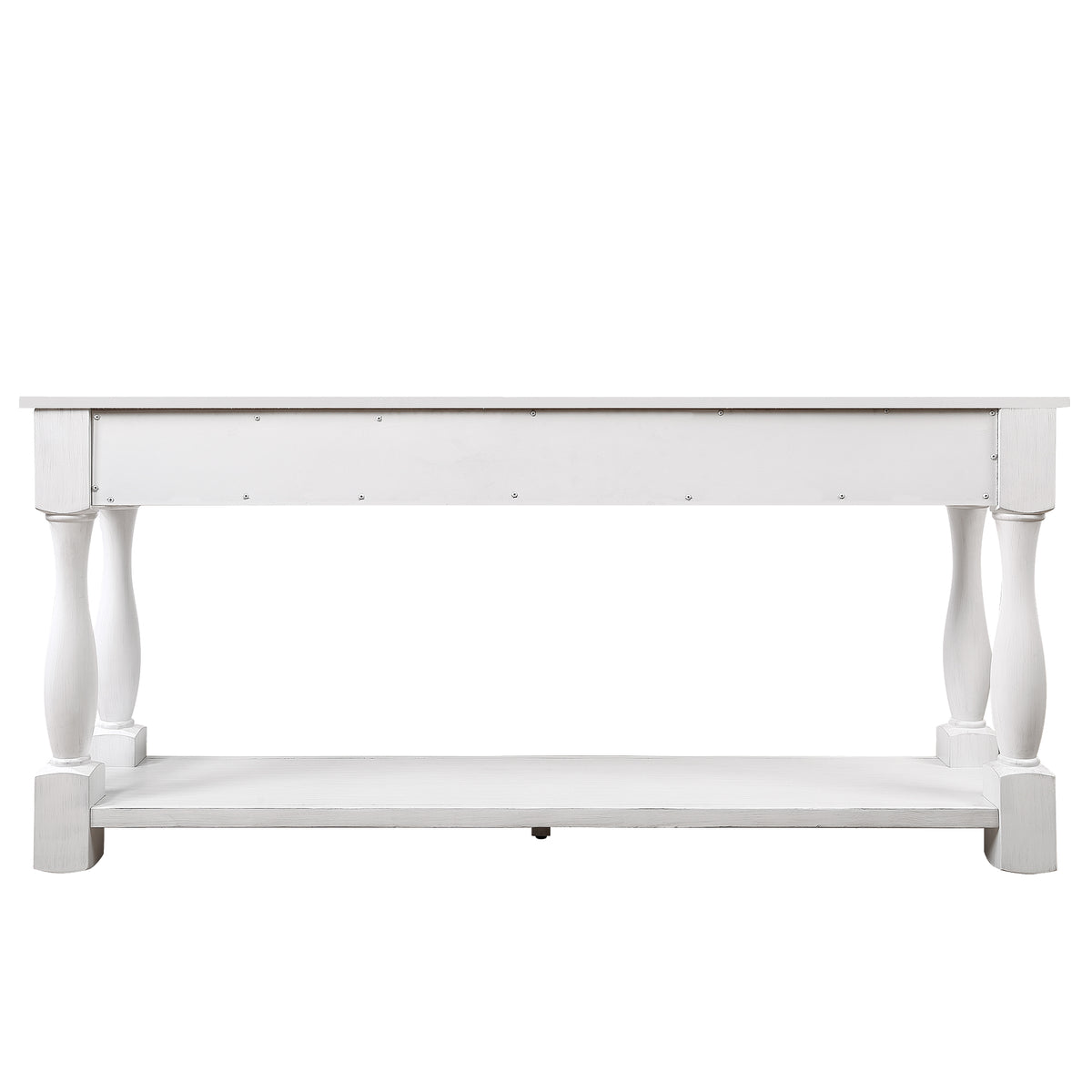 Antique white wood console table by Anthony & Home with 63-inch length, three drawers, bottom shelf, and easy assembly.
