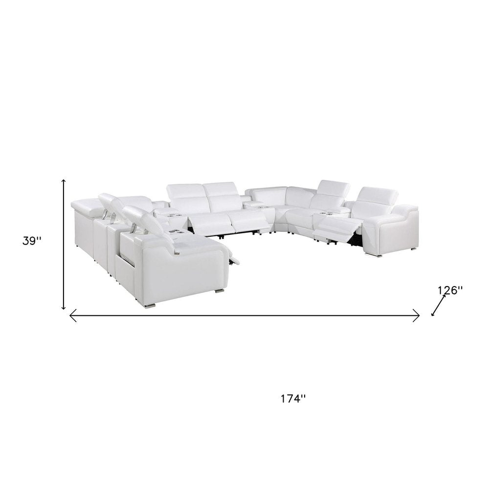 White Italian Leather Power Reclining U Shaped Twelve Piece Corner Sectional With Console