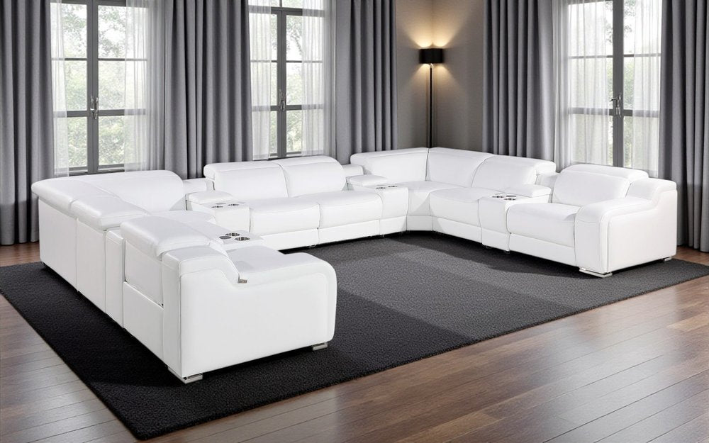 White Italian Leather Power Reclining U Shaped Twelve Piece Corner Sectional With Console
