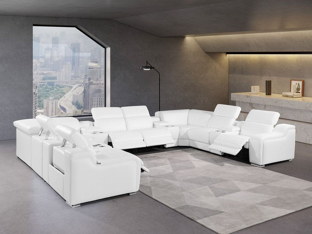 White Italian Leather Power Reclining U Shaped Twelve Piece Corner Sectional With Console