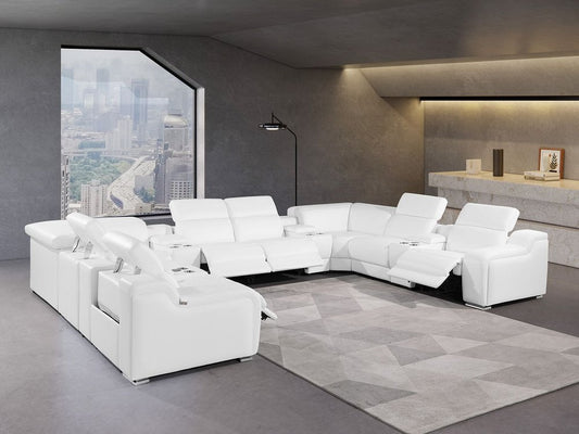 White Italian Leather Power Reclining U Shaped Twelve Piece Corner Sectional With Console