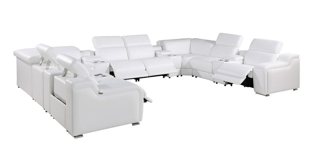 White Italian Leather Power Reclining U Shaped Twelve Piece Corner Sectional With Console