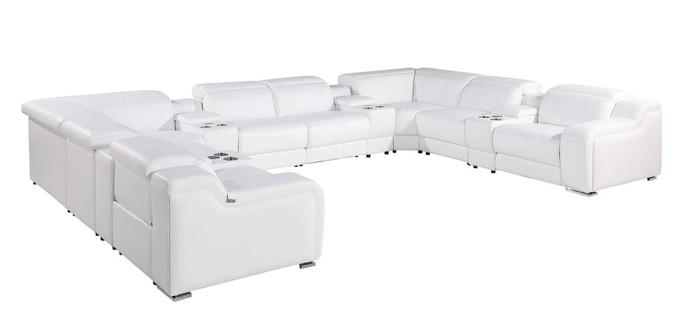 White Italian Leather Power Reclining U Shaped Twelve Piece Corner Sectional With Console