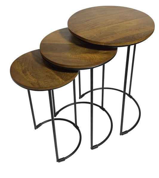 Set of Two Chestnut and Black Solid Wood and Metal Round Frame Nested Tables