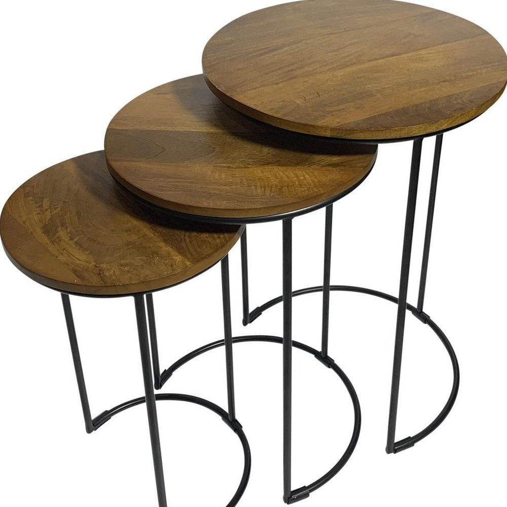 Set of Two Chestnut and Black Solid Wood and Metal Round Frame Nested Tables