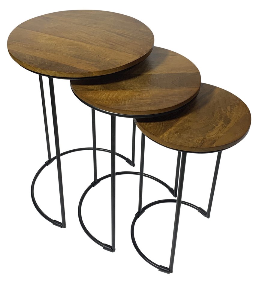Set of Two Chestnut and Black Solid Wood and Metal Round Frame Nested Tables