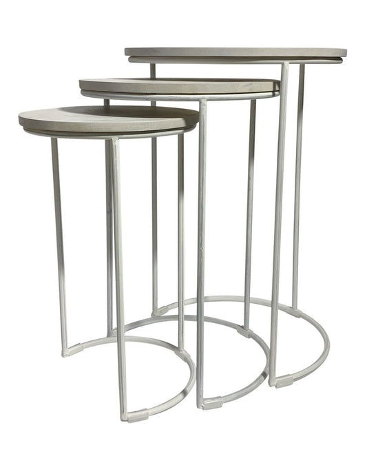 Set of Two White Solid Wood and Metal Round Frame Nested Tables